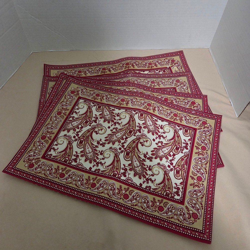 Set of 4‎ Reversible Placemats Burgundy Red Paisley Floral Stripe 18x13